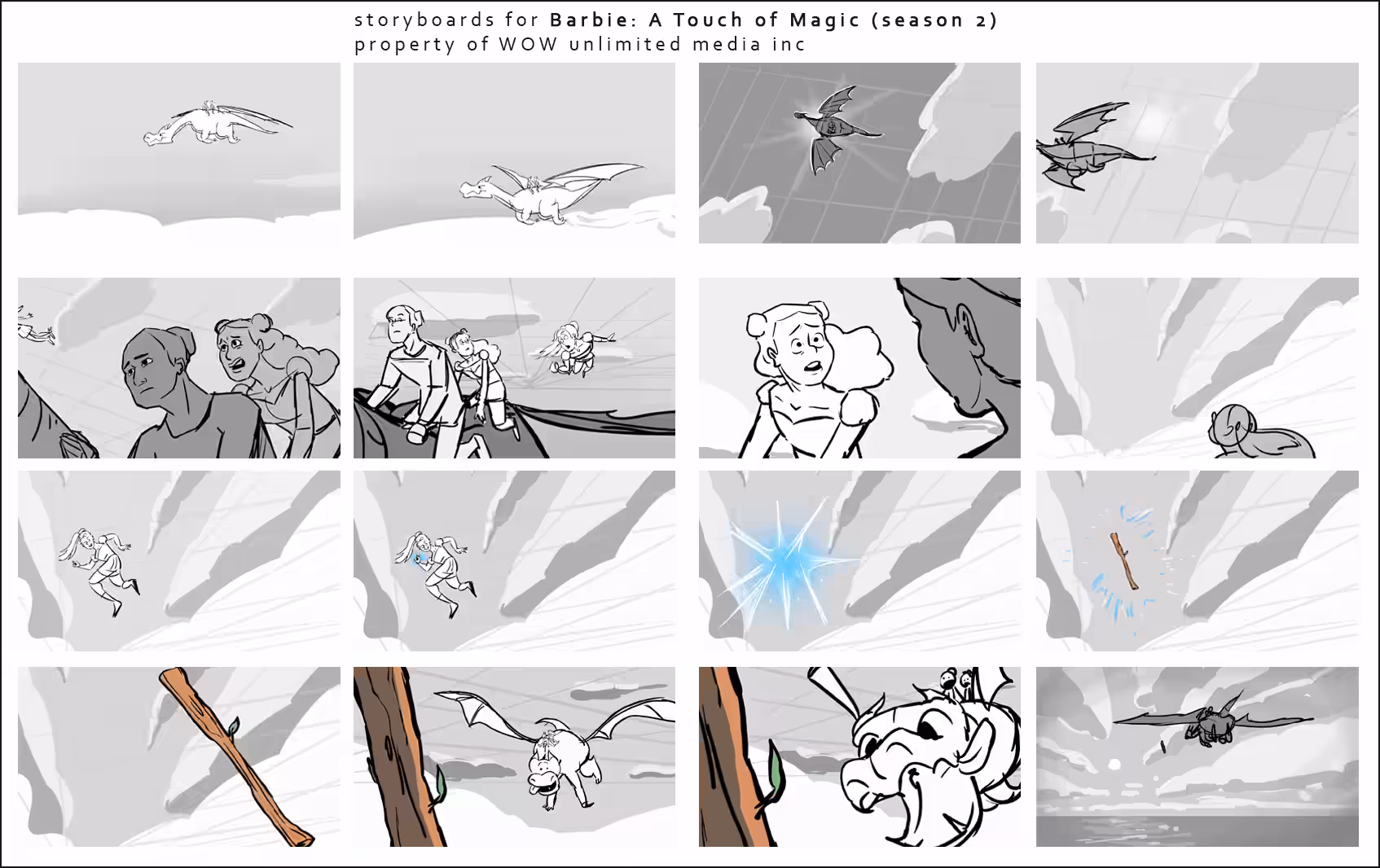 Storyboard sequence showing a group of friends taming a dragon through magic and wagging a stick.