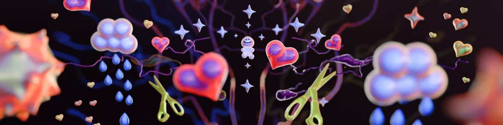 Banner with rainclouds, scissors, hearts, and a hidden person