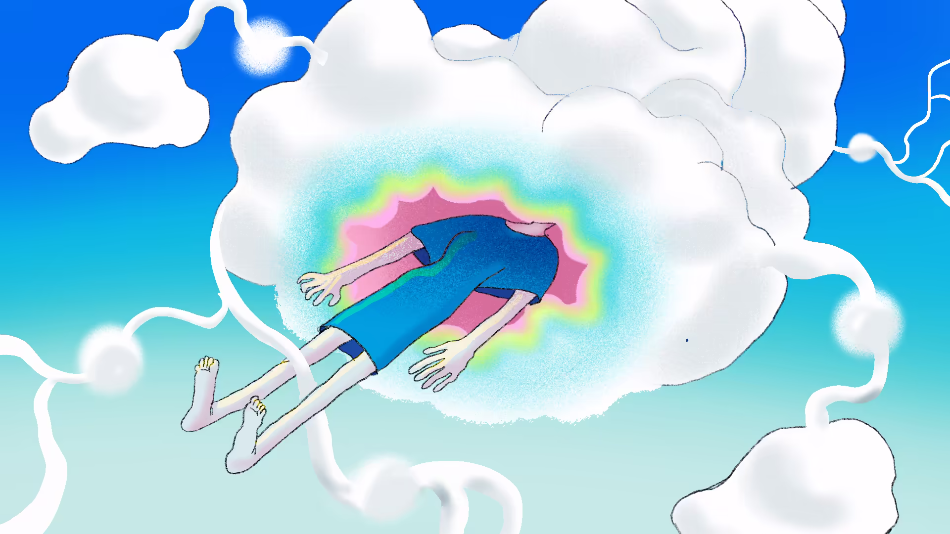2D concept art of a woman being absorbed into a cloud