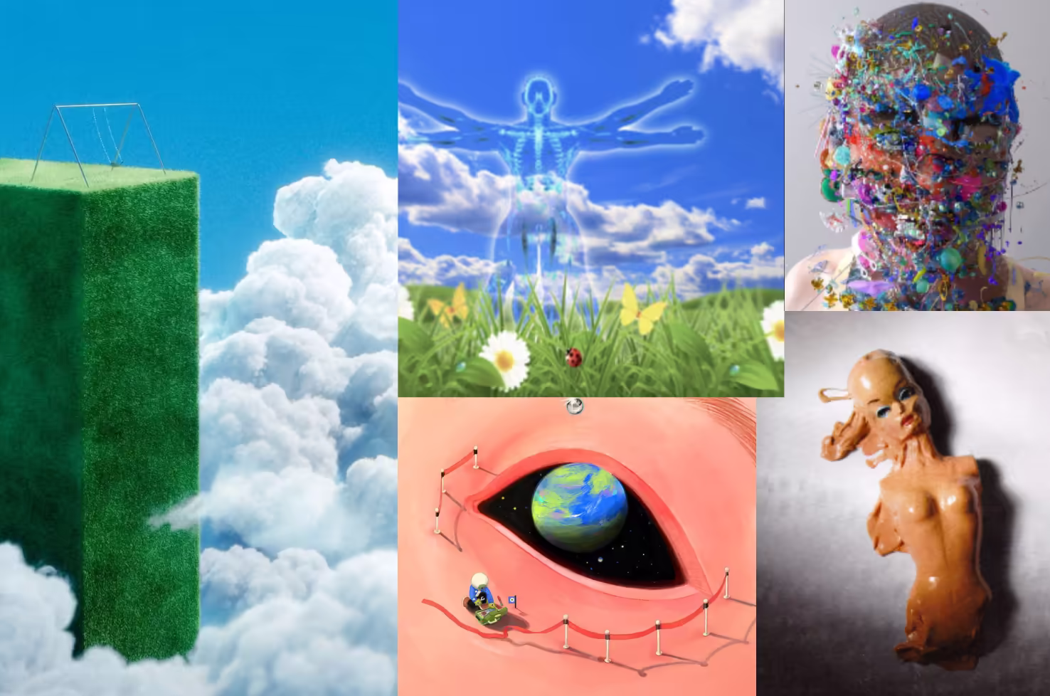 Moodboard filled with ethereal imagery, green fields, surreal eyeballs and a melting barbie doll.