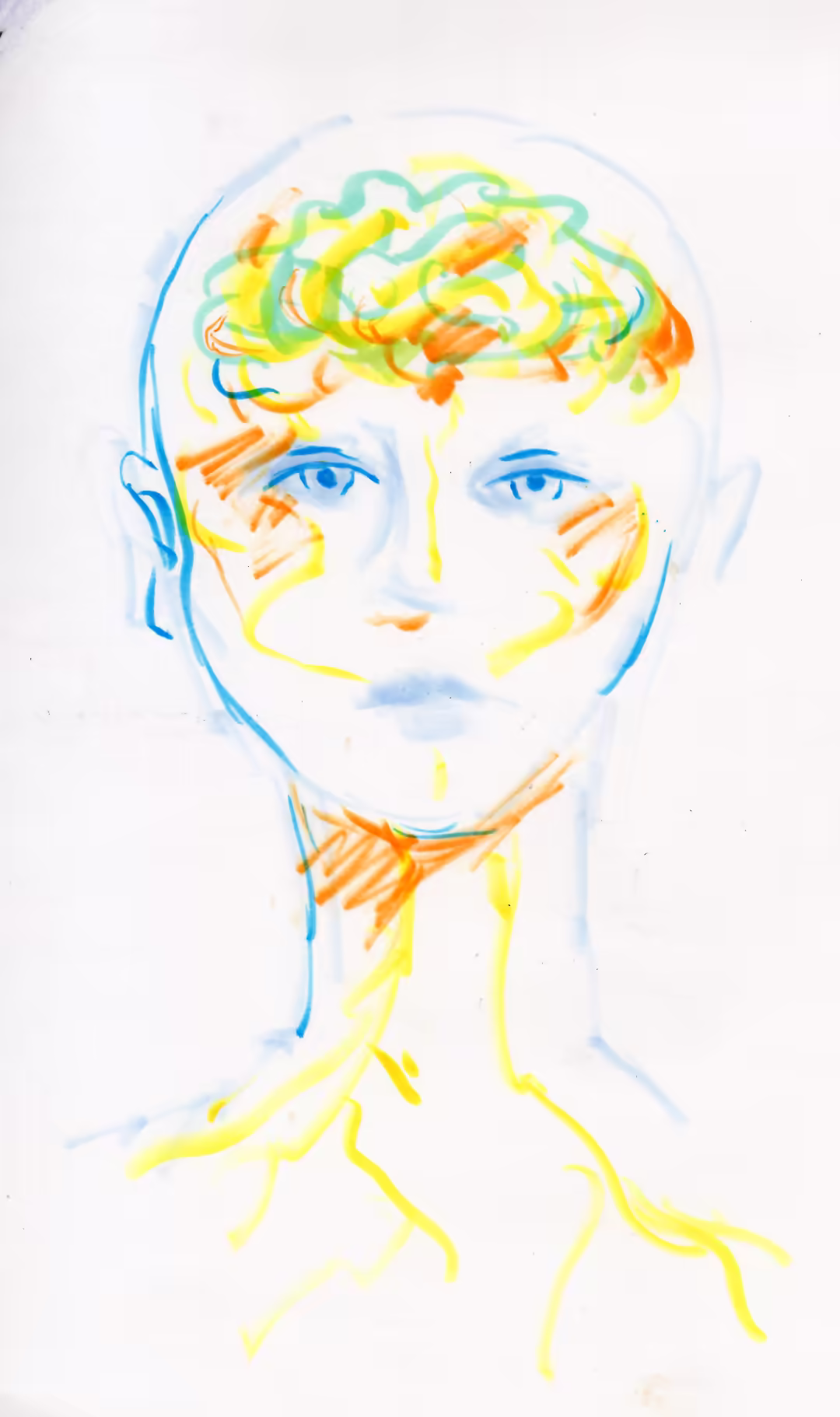 Paper and marker sketch of a woman's portrait, with her brain visible in her cranium.