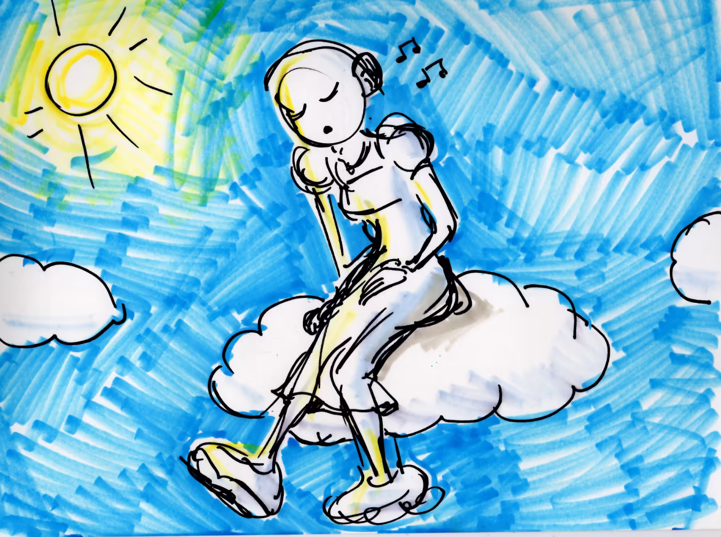 Sketch of girl sitting on a cloud, listening to music