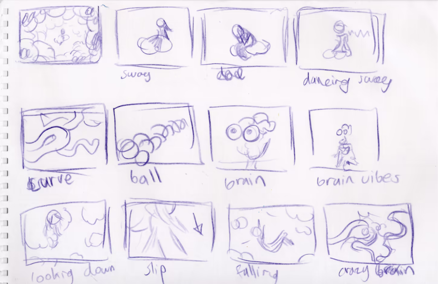 Rough pencil sketched storyboards for Cassadaga Fairy Garden music video.