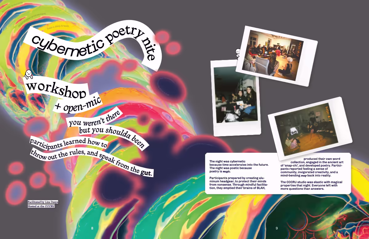 Hijinx World magazine spread for Cybernetic Poetry Nite: You weren't there, but you shoulda been. Participants learned how to throw out the rules, and speak from the gut.