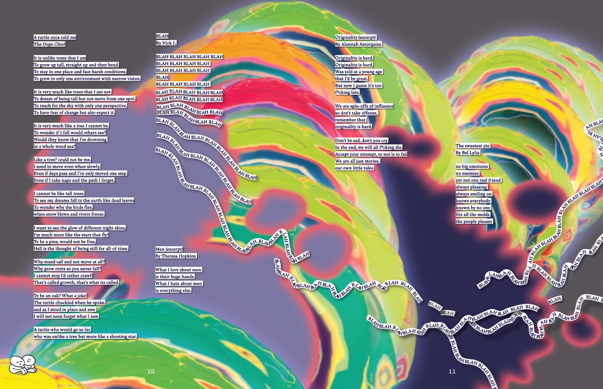 Hijinx World magazine spread for Cybernetic Poetry Nite, including poetry by participants