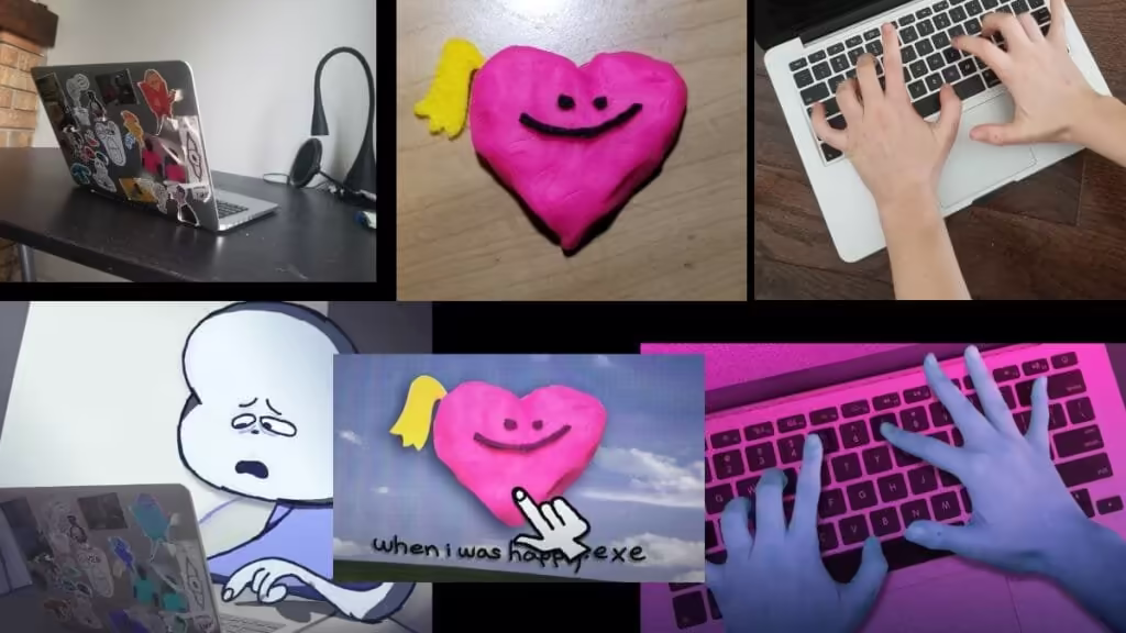 Realistic hand pressing computer keyboard in cartoon world.
