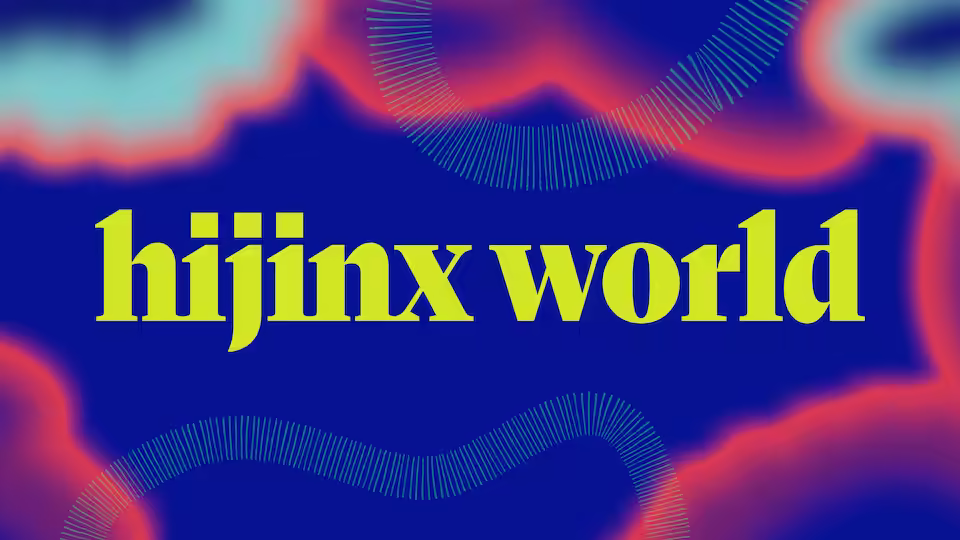 Logo for 'Hijinx World' in front of deep blue bubbly background