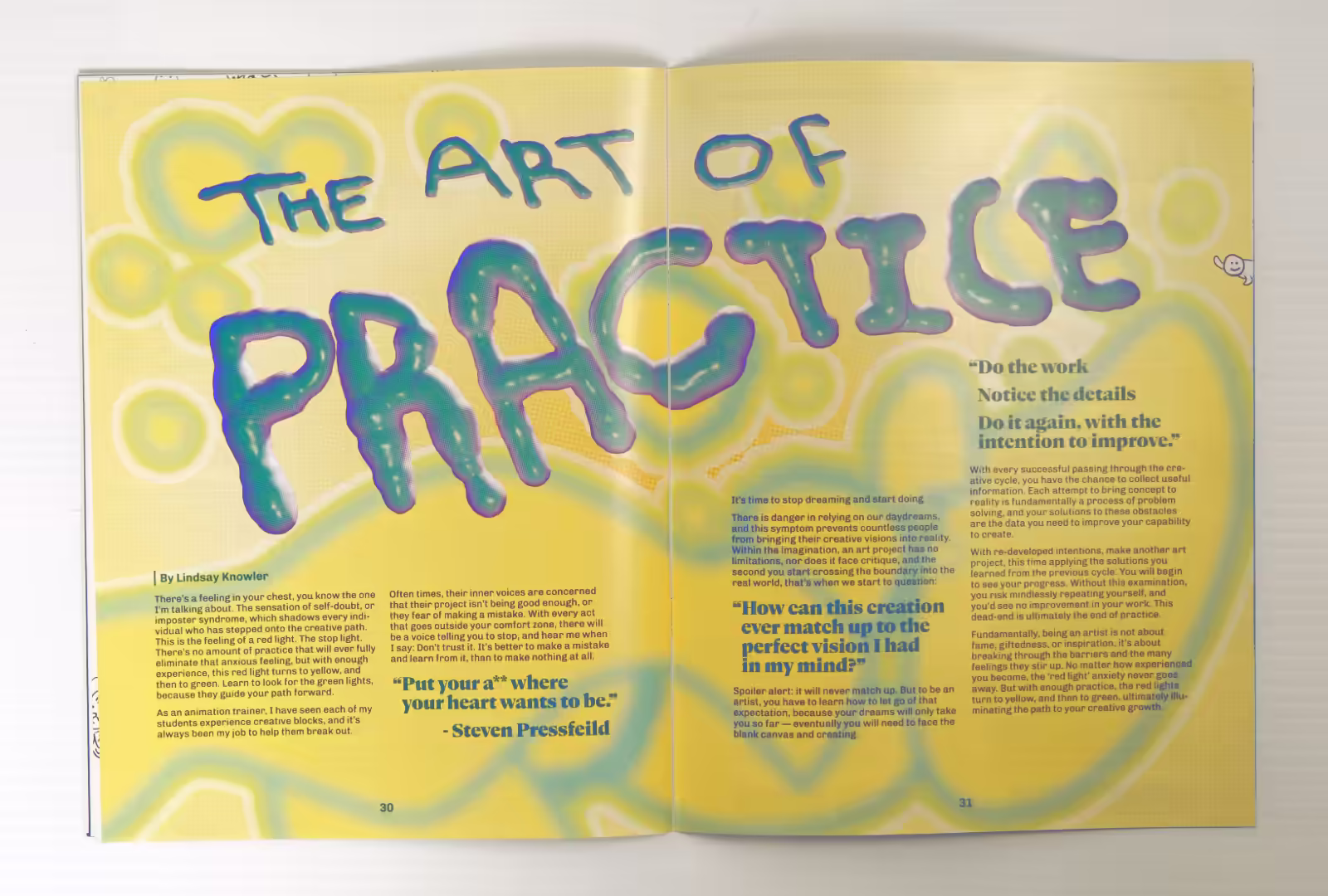 Hijinx World magazine spread photo. Bright yellow page with title 'The Art of Practice' written in 3D blobby text.