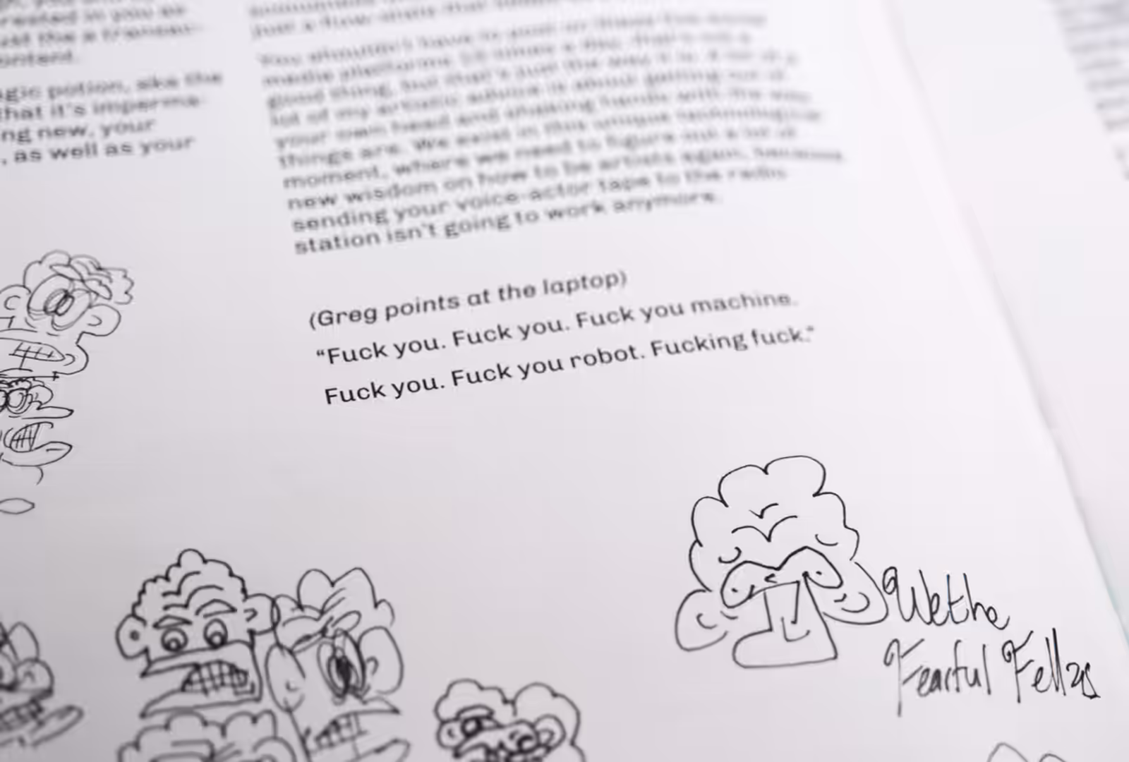 Closeup of Hijinx World magazine spread. Quote by Greg Guevara: 'Fuck you. Fuck you. Fuck you machine. Fuck you. Fuck you robot. Fucking fuck.' surrounded by portraits.