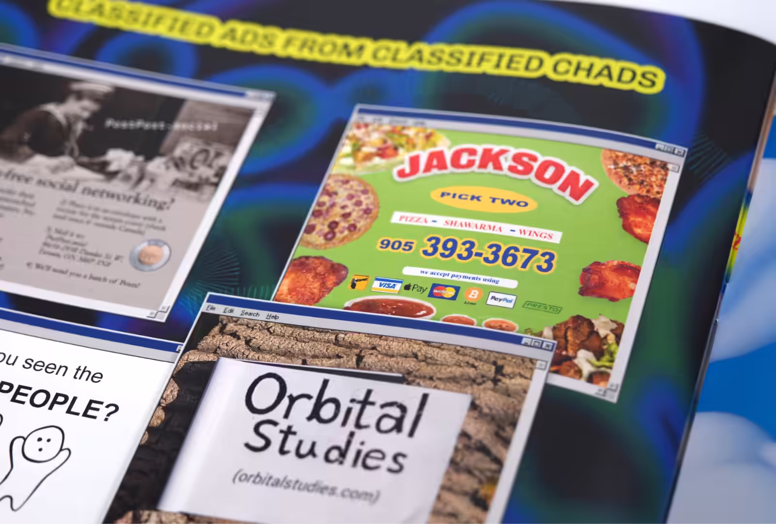 Closeup of Hijinx World magazine spread featuring Classified Ads from Classified Chads, including ads for Jackson Piza Shwarma Wings and Orbital Studies.