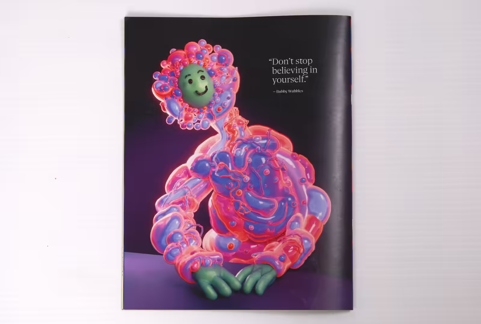 Back cover of Hijinx World magazine featuring Bubby Wubbles, a pink smiling creature giving the advice: 'Don't stop believing in yourself'.