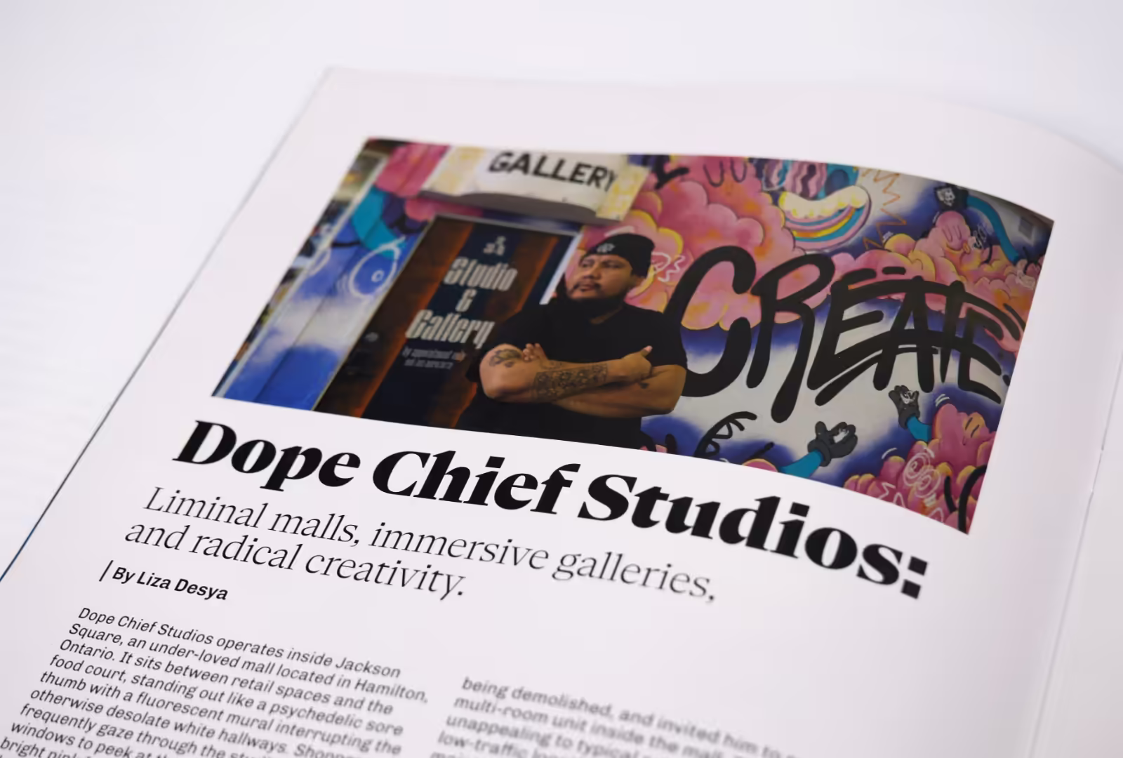 Closeup of Hijinx World magazine spread. Headline and image feature Dope Chief Studios.