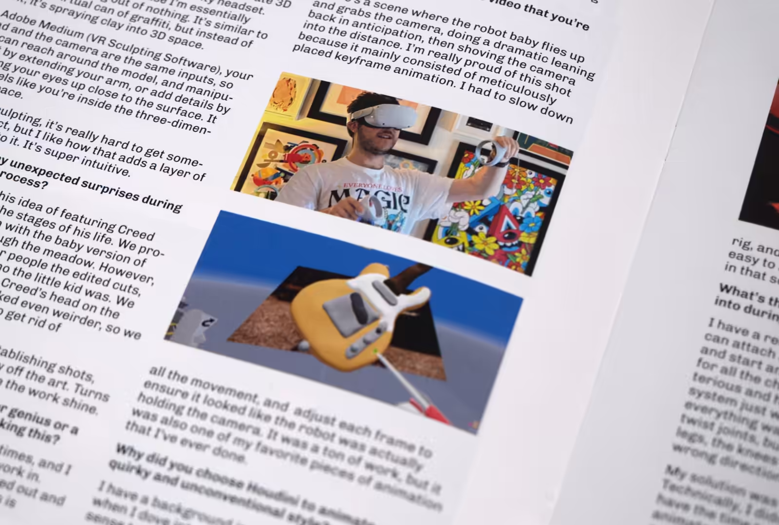 Closeup of Hijinx World magazine spread. Matt Siegal uses his VR headset to create a 3D model of an electric guitar.
