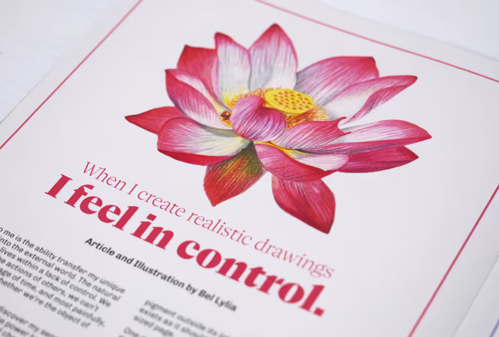Closeup of Hijinx World magazine spread. Pink lotus flower by Lily Huang blooms off the page, with the title: 'When I create realistic drawings, I feel in control' beneath.