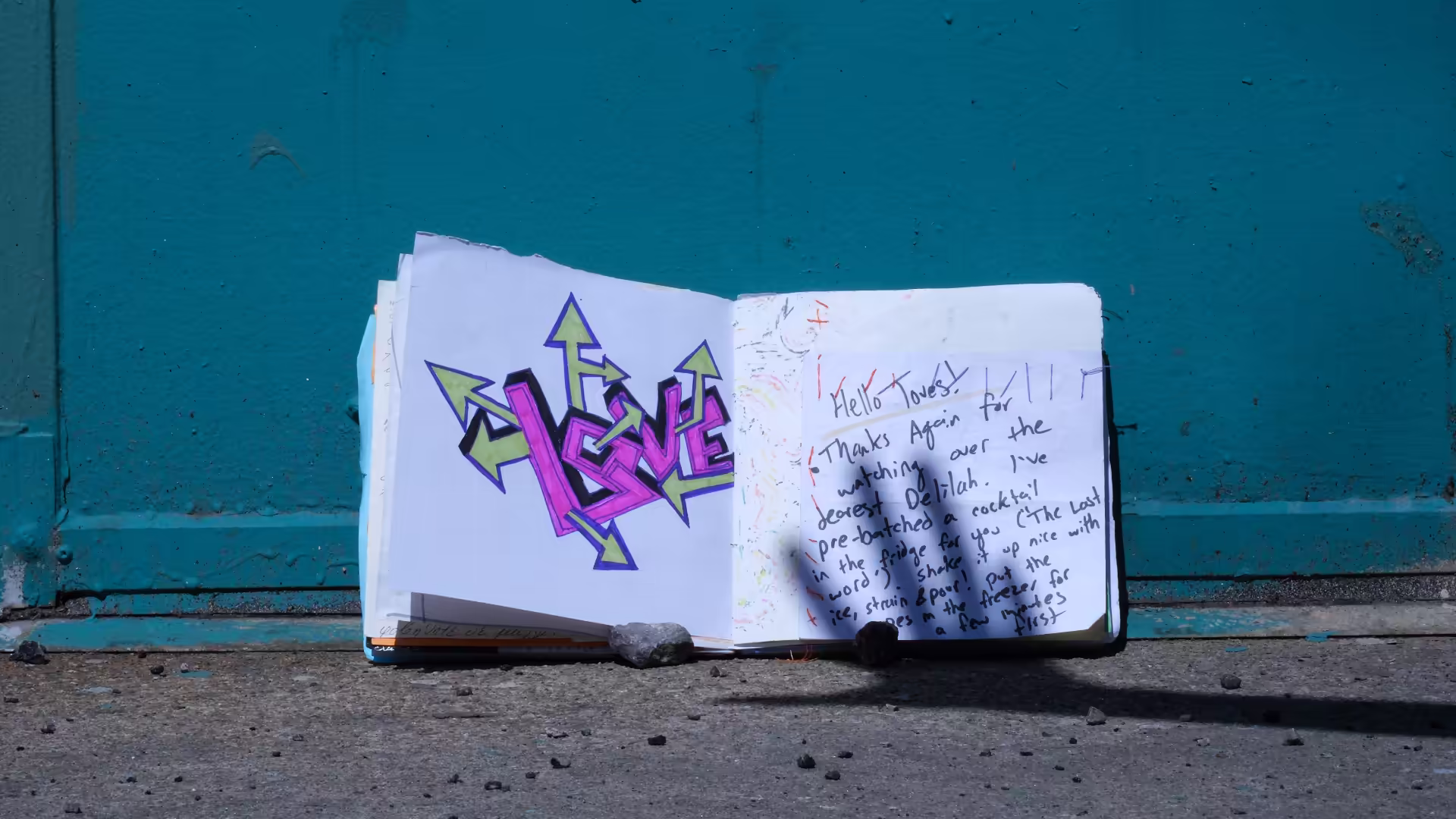 Journal sitting by a teal wall, with a shadow of a hand turning pages. Open at page featuring handwritten note: 'Hello loves. Thanks again for dearest Delilah. I've pre-batched a cocktail in the fridge fir you ('The Last Word'). Shake it up nice with ice, strain & pour! Put the coupes in the freezer for a few minutes first.'