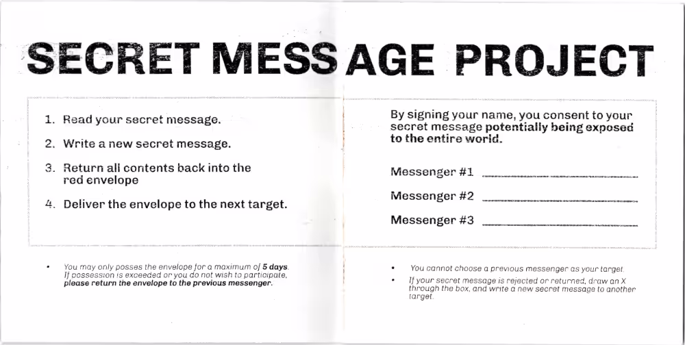 Secret message project rules: 1. Read your secret message. 2. Write a new secret message. 3. Return all contens back into the red envelope. 4. Deliver the envelope to the next target.