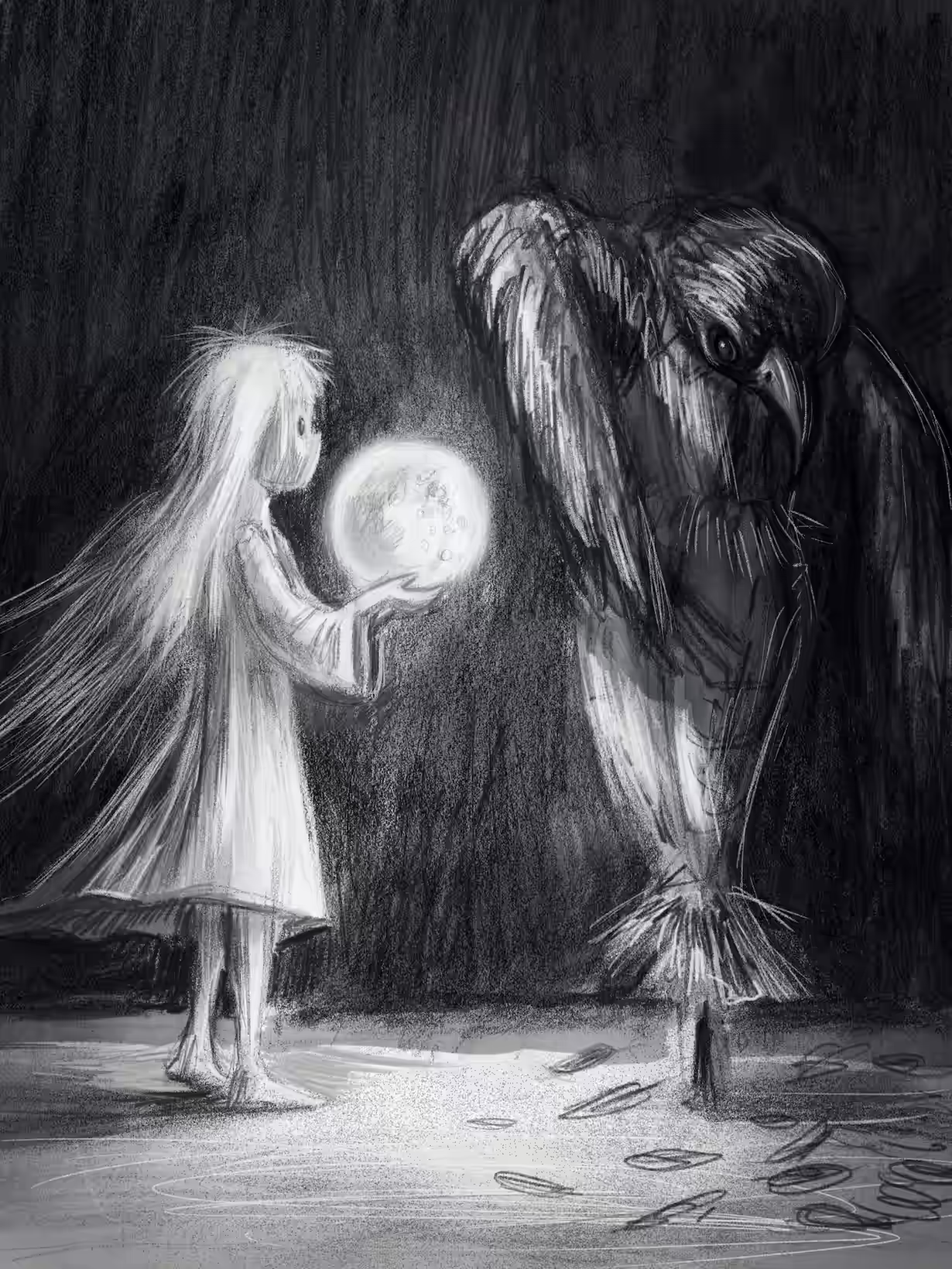 Girl offering the moon to a fearful scarecrow (obviously about an avoidant man)
