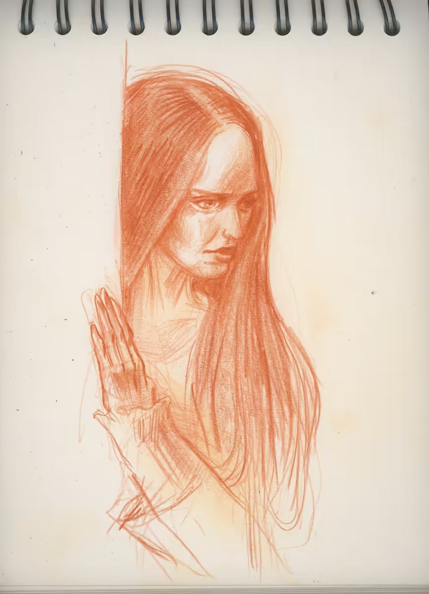 Woman peeking behind wall, colored with sanguine pencil
