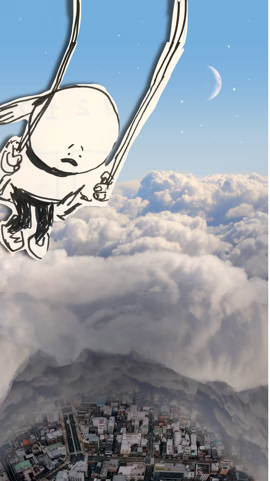Paper cut-out character on swing, up in the clouds, scared of depths below