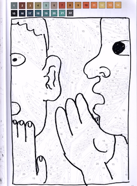 Sketch of a person whispering in another person's ear