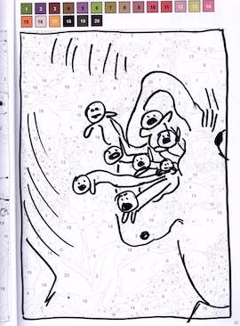Sketch of small people emerging out of an ear hole