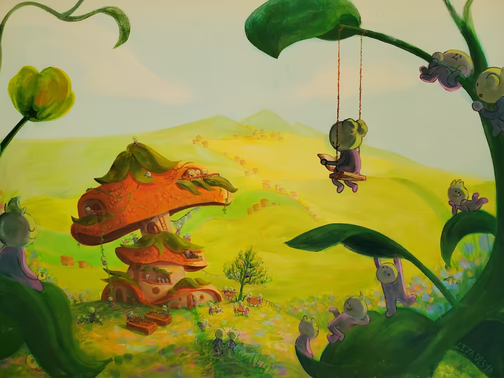 Painting of mushroom house on green hill, surrounded by happy little creatures