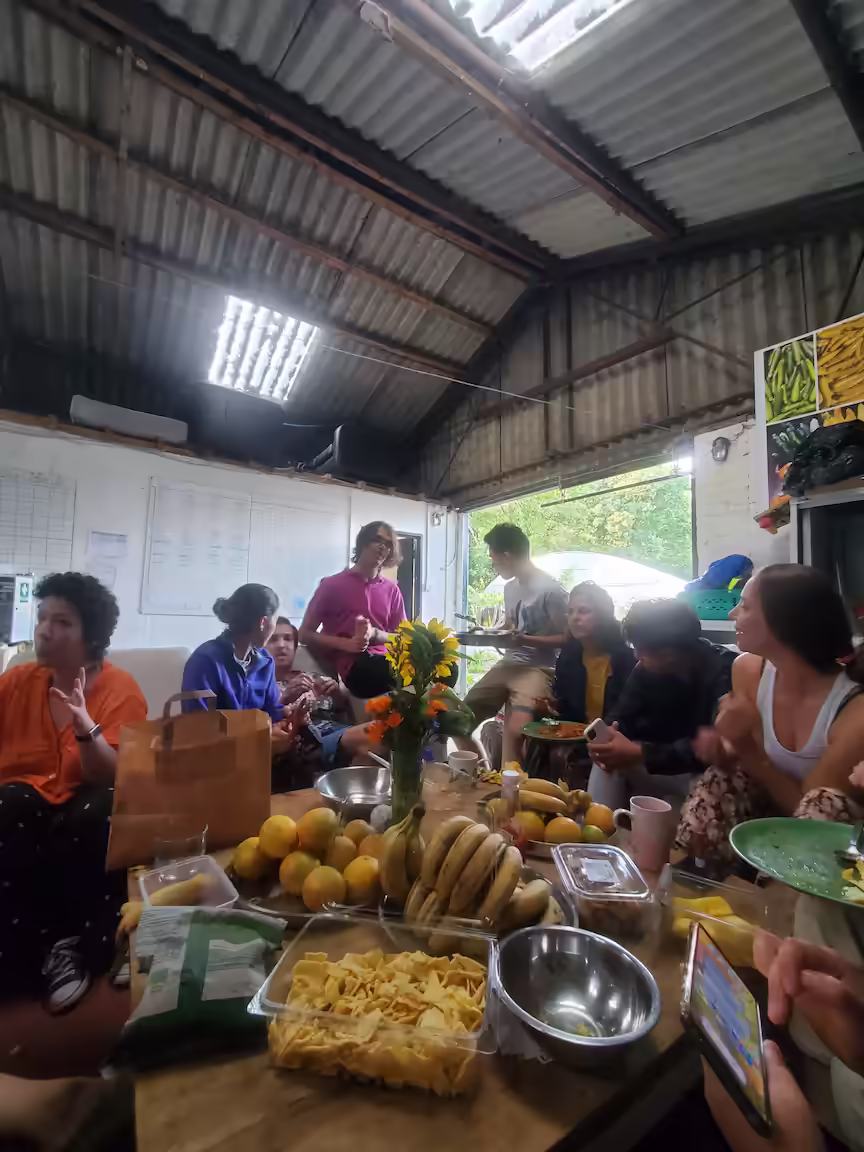 All the volunteers sharing a potluck together