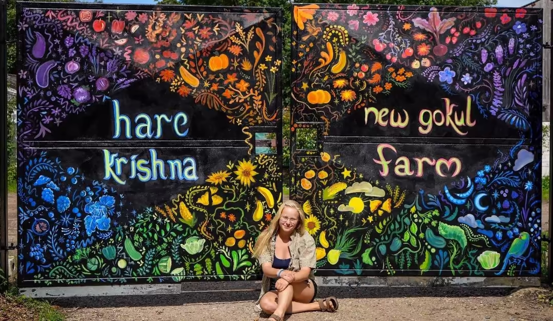 Colorful mural of organic shapes on a black outdoor gate, with Hare Krishna New Gokul Farm painted in brushscript